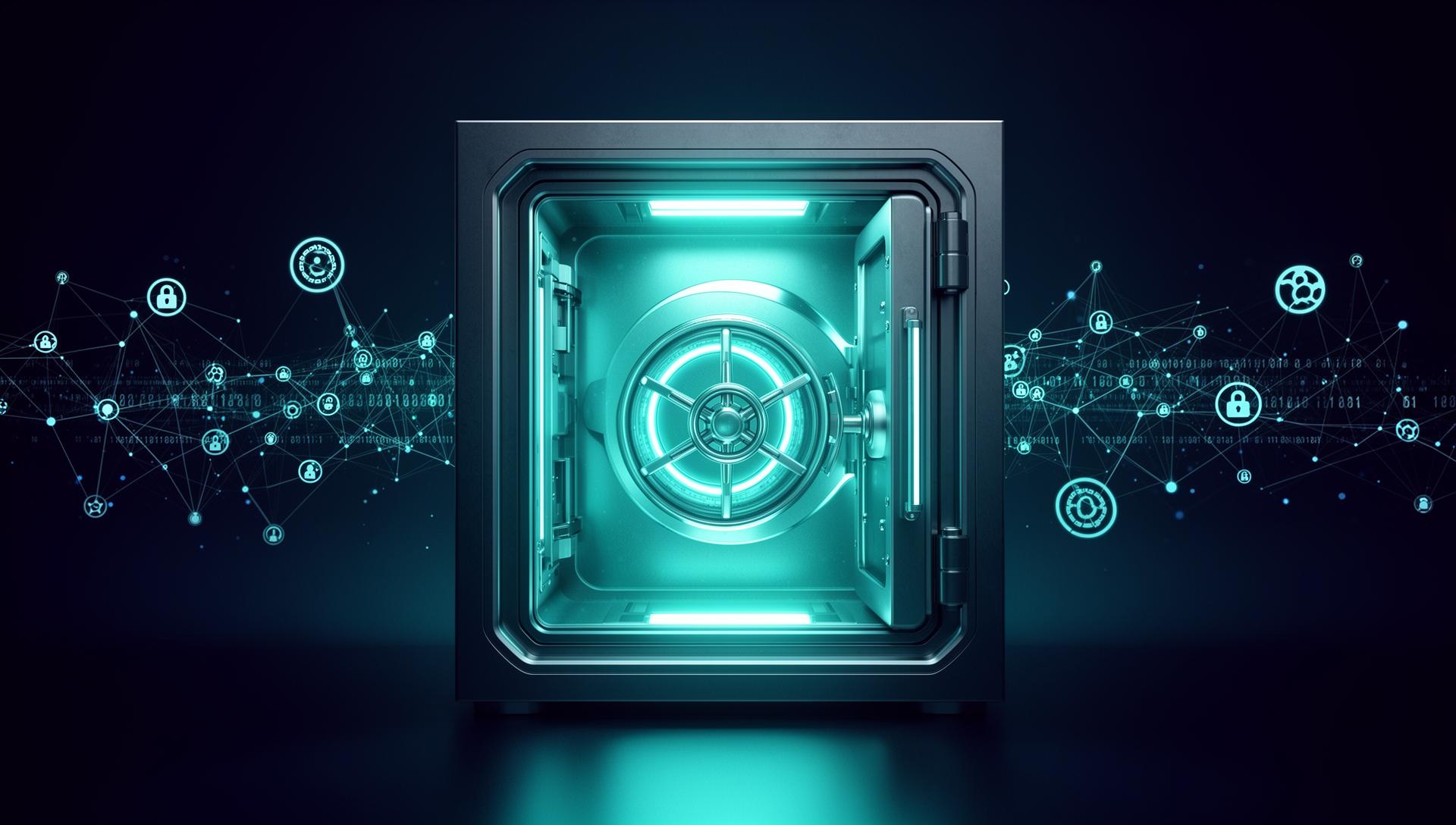 A glowing secure digital vault at the center of a connected network of padlock, user and data icons
